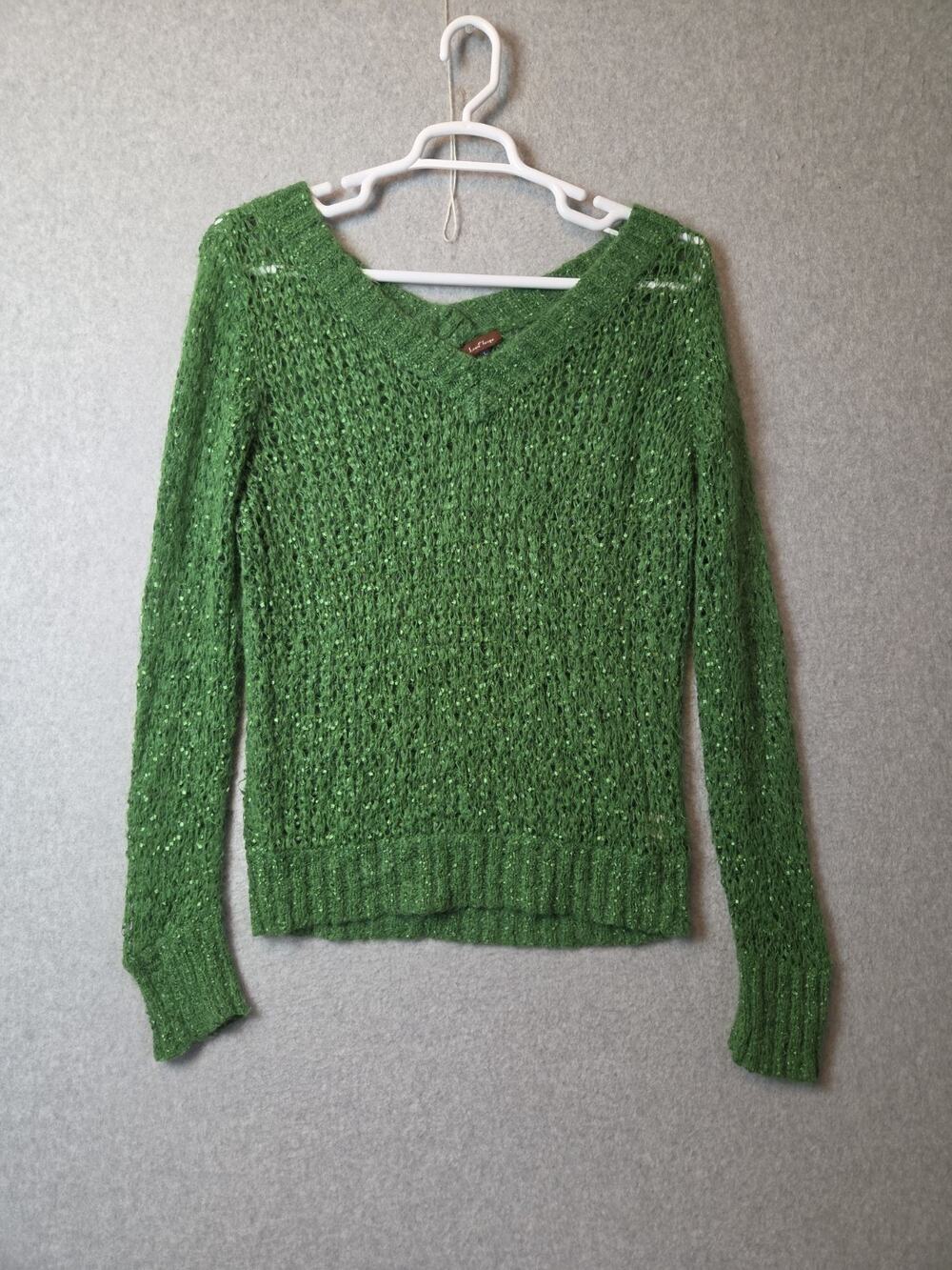 Lao Targa Wool Mohair Emerald Green LS V Neck Loose Knit Sweater Women's Large